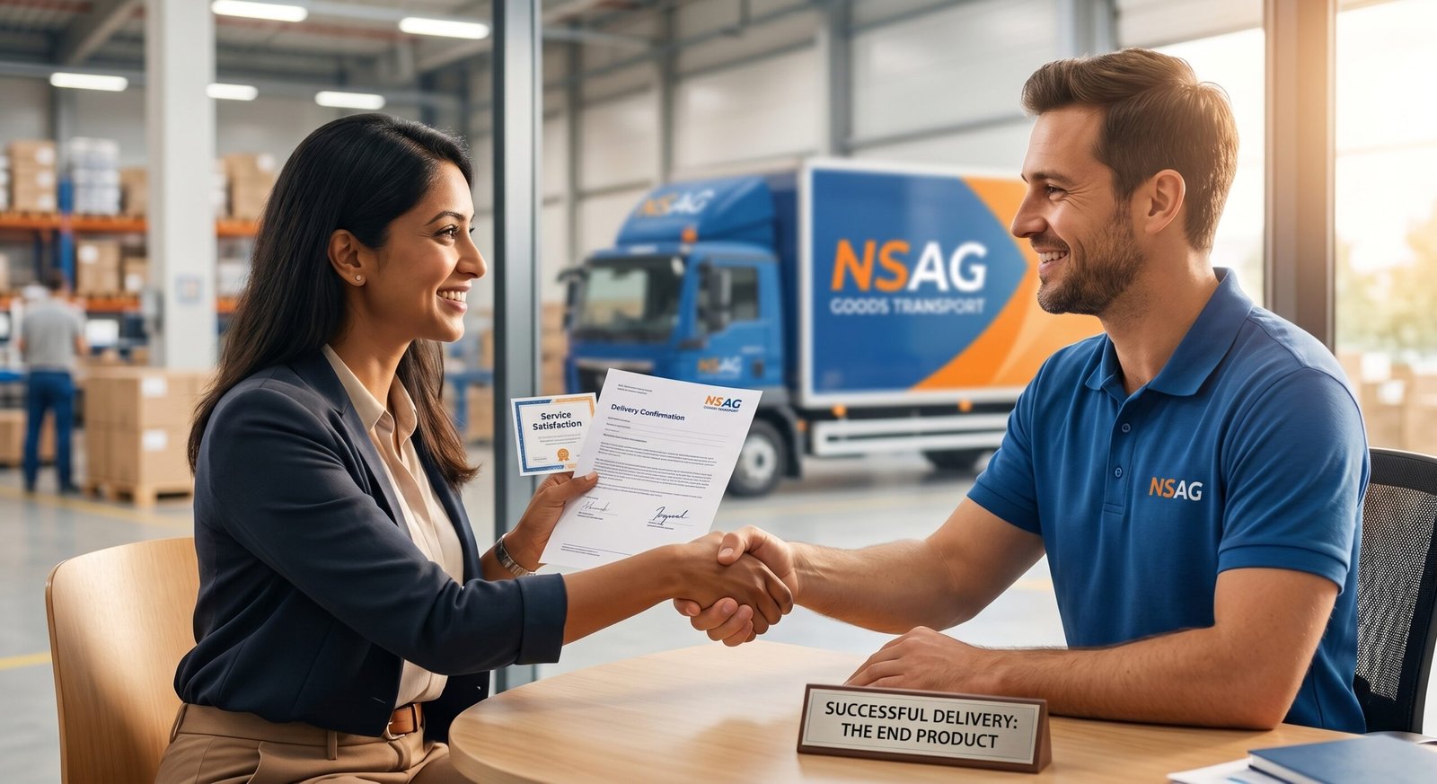 Global corporate clients shaking hands and smiling after a successful service delivery with NSAG Industries.