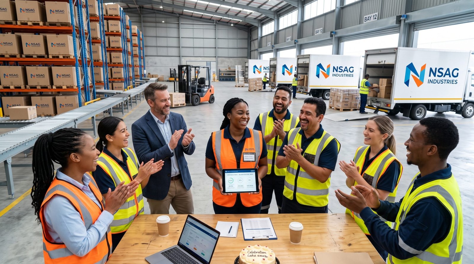 Real diverse warehouse operations team clapping and celebrating a successful cargo delivery at NSAG Industries shipping center.