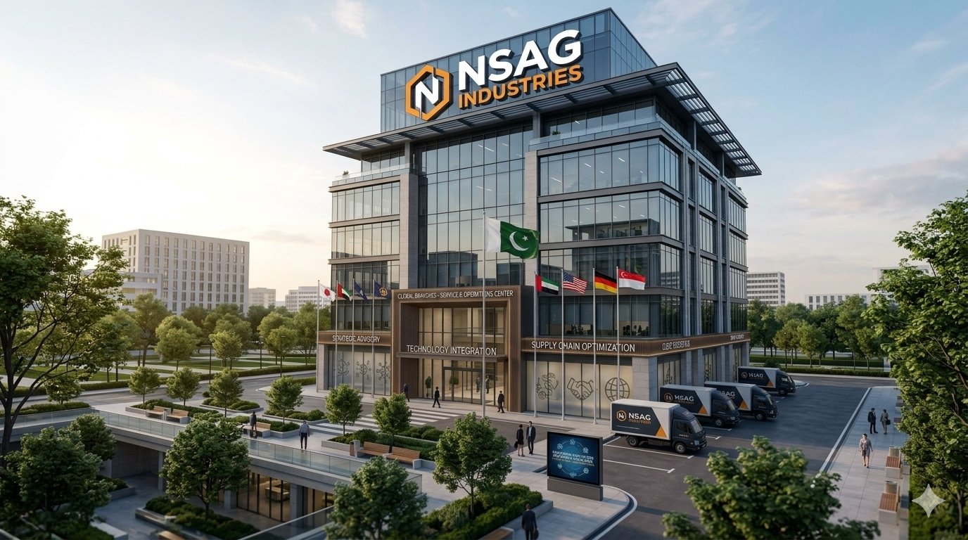 NSAG Industries professional corporate building with Pakistan flag and service operations center.