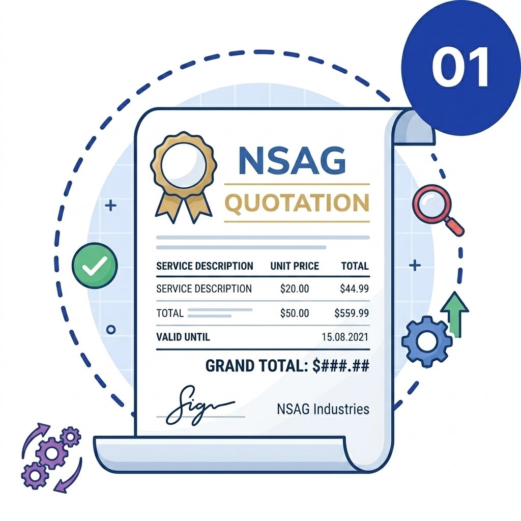 Modern circular vector icon showing a detailed NSAG quotation document with service pricing and digital badge for workflow step 01